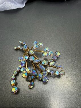 Vintage Czech Glass  Crystal Branch Brooch - Iridescent Blue